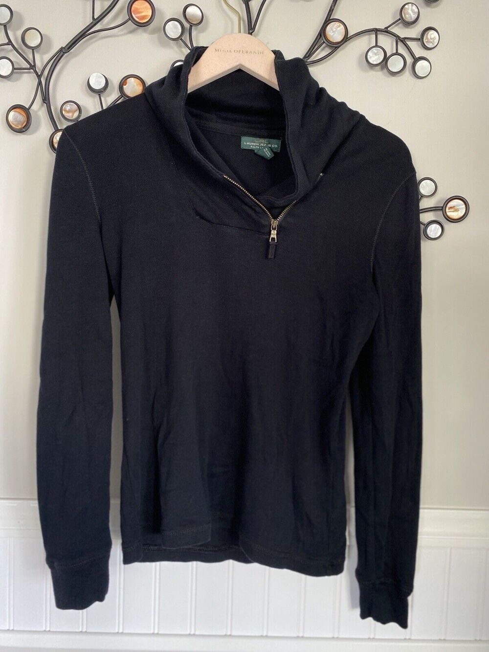 Ralph Lauren Top Womens Small Black Long Sleeves Shawl Neckline Zipper